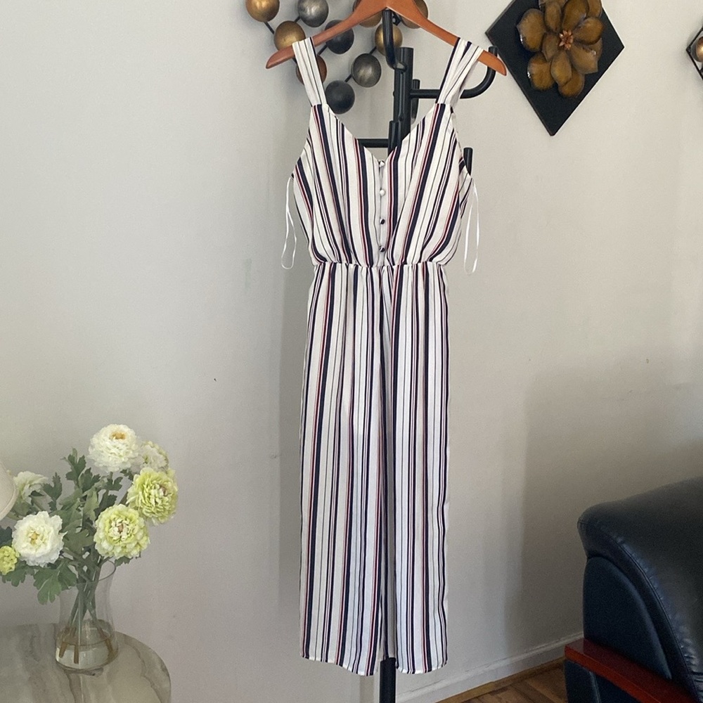 Sienna Sky White Striped Sleeveless Wide Leg Cropped Jumpsuit Size S